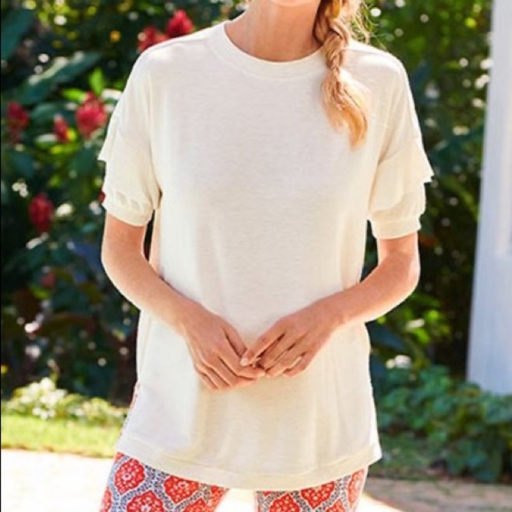 MATILDA JANE OATMEAL CREAM IVORY TEE SHIRT RUFFLE SLEEVE SIDE SLITS ORANGE BLUE